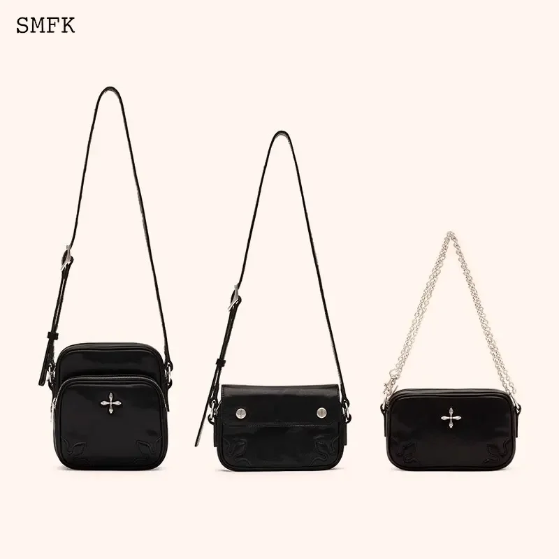 SMFK Adventure Chain Shoulder Bag Vintage Cowhide Waist Bag Cross Flower Stud Fashion Handbag for Women's 2023 New Shoulder Bag