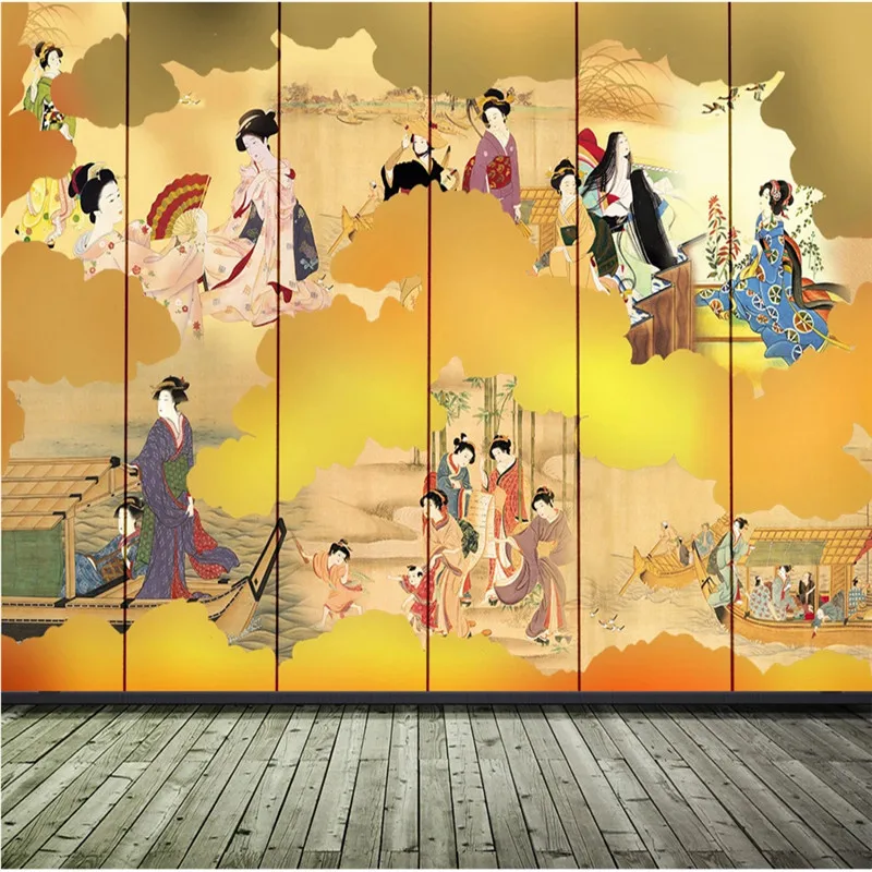 Japanese Ladies Bright Yellow Background 3D Photo Wallpapers for Japanese Cuisine Sushi Restaurant Industrial Decor Wall Paper