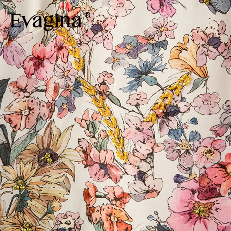 Evagina vestido feminino elegante com estampa floral primavera verão novo jacquard de manga curta com miçangas vestidos linha a