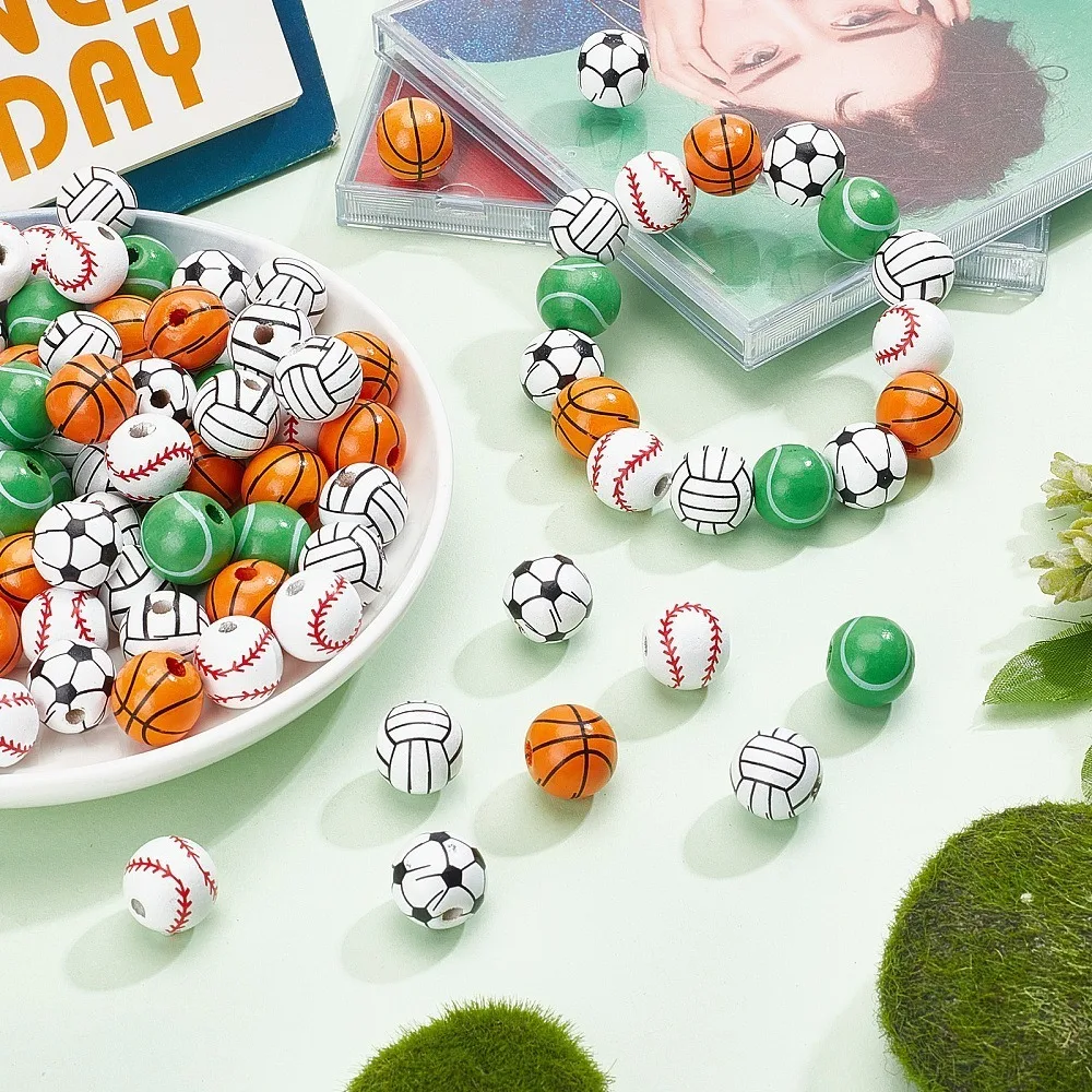 1봉지 100개 5가지 스타일 나무 구슬 염색된 원형 스포츠 테마 패턴 15.5x14.5mm 구멍: 3.2mm 20개/스타일
