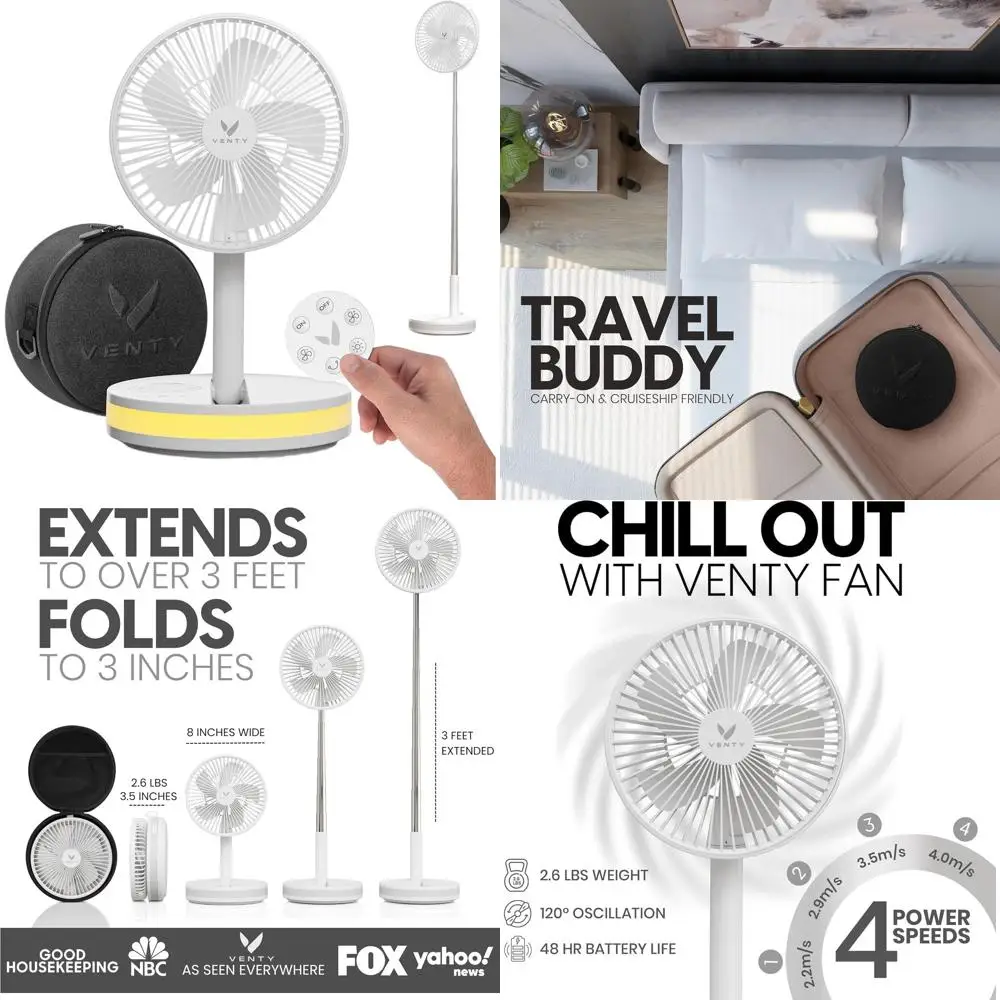 

Беспроводной перезаряжаемый вентилятор с 4 скоростями, LED-подсветкой, сумкой для переноски и пультом дистанционного управления, идеально подходит для путешествий и активного отдыха, с функцией Power Bank через USB-C (белый)