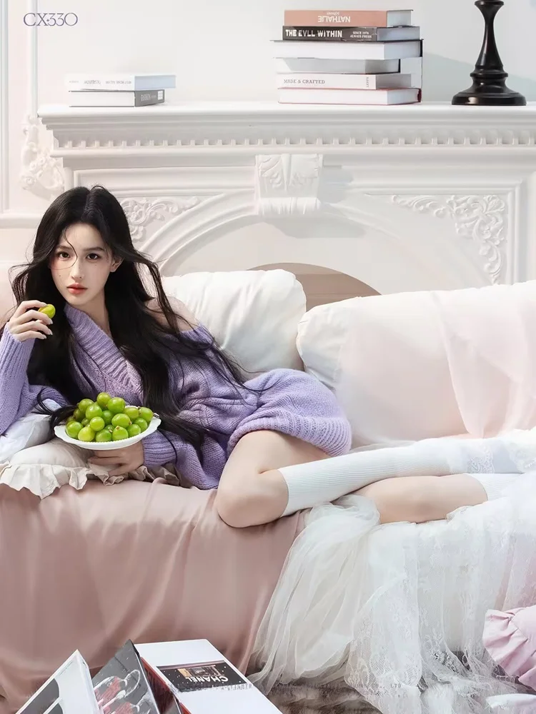 Autumn Winter Purple Sweater Oxygen Feel Home Girl Lazy Style Sweet Photography Costume Korean System Studio Lighting