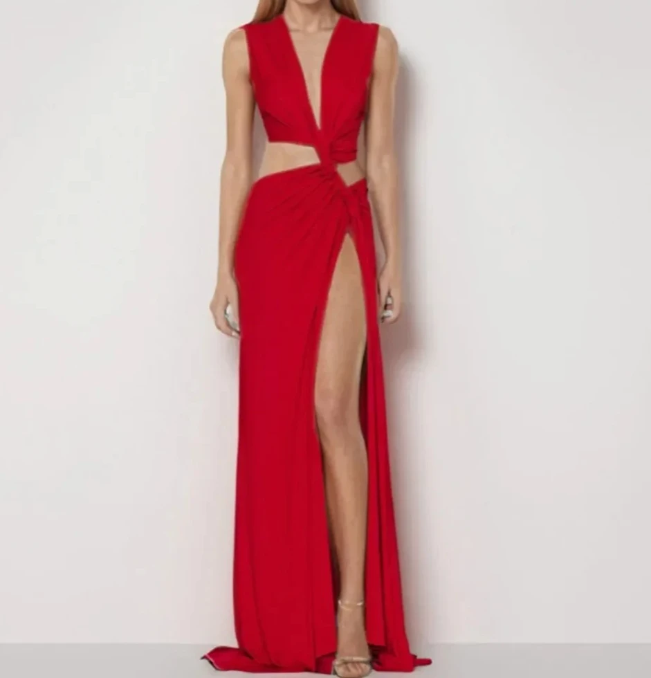 Vrouwen Mode Feestjurk Hollow Out Sexy Slit Avondjurken voor Vrouw V-hals Off-de-schouder Mouwloze Formele Prom vestidos