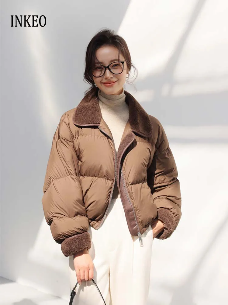 Luxury Leather patchwork down jacket for women Cropped puffer coat warm 2024 Winter Brown black outwear Fashion INKEO DJ055