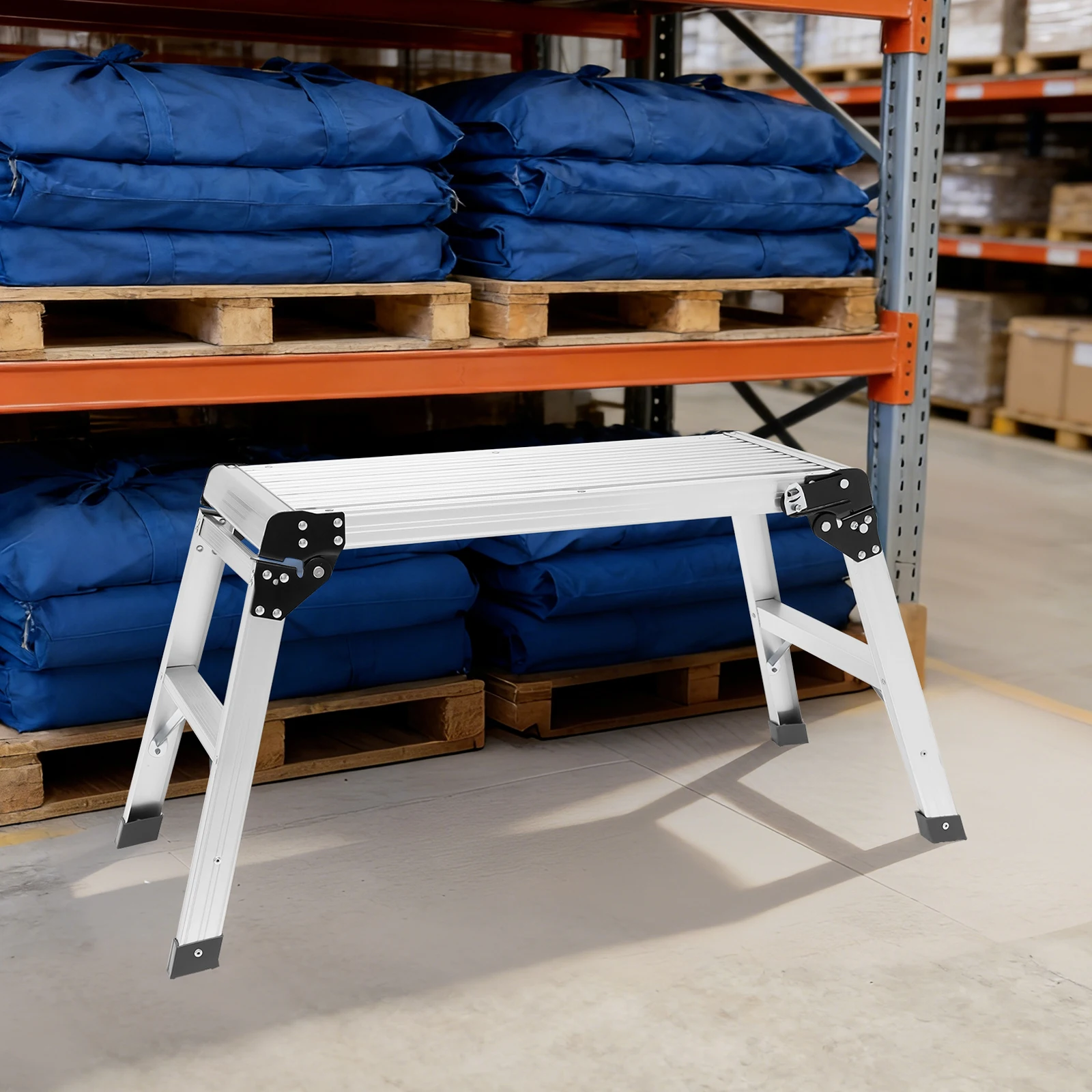 Sgabello Pieghevole con Piattaforma di Lavoro e Scala, Robusto con Superficie Antiscivolo, Capacità 150kg
