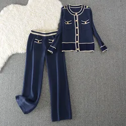 High quality Metal buttons Autumn Winter Long-Sleeve Knit Suit High Waist O-Neck Cardigan + Wide-Leg Pants Two-Piece Sets Female