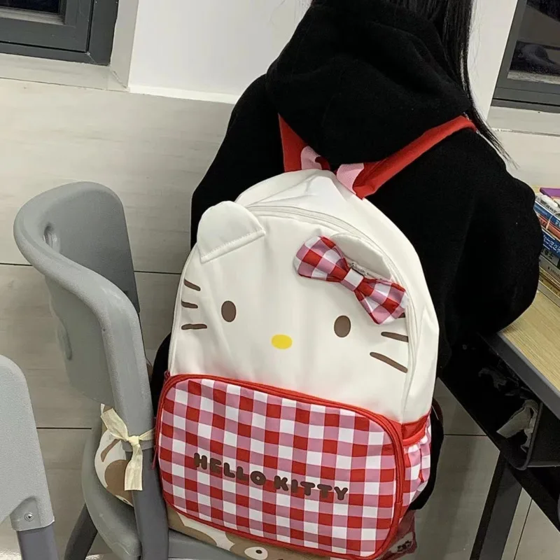 Sanrio Hello Kitty Cute Cartoon Plaid Backpack Y2k Women Fashion Large Capacity Kawaii Schoolbag Casual Shoulder Bags My Melody