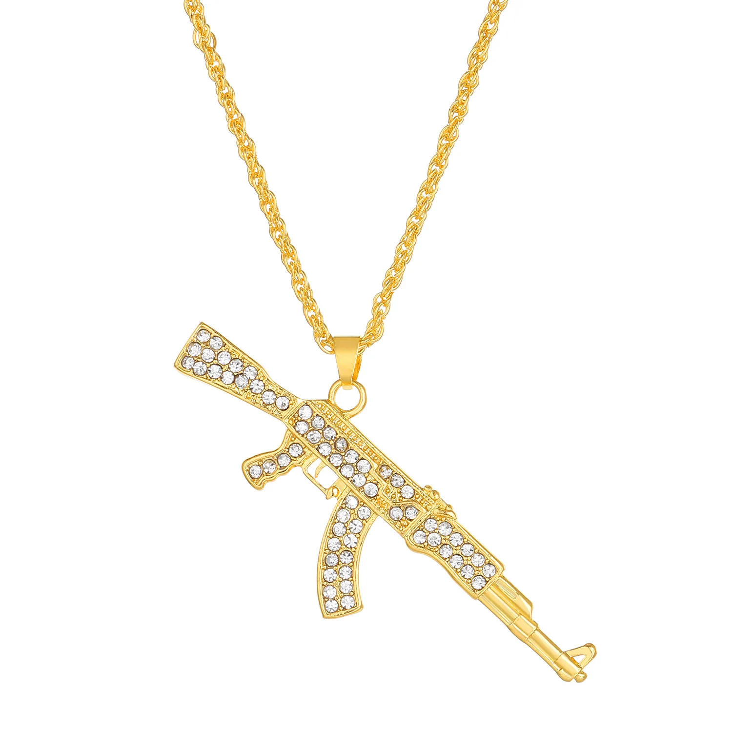 ผู้ชาย Punk hip-hop เพชร submachine Gun สร้อยคอ Creative ส่วนบุคคลปืน AK-47 จี้เครื่องประดับ 22 นิ้ว