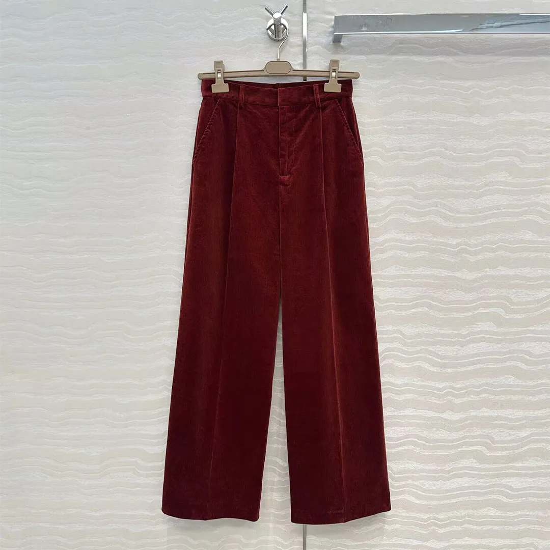กางเกงขายาวทรงตรงผ้าลูกฟูกสีเบอร์กันดีสไตล์วินเทจแฟชั่นใหม่ปี 2025 สำหรับผู้หญิง ดีไซน์หรูหรา เอวสูง สวมใส่สบาย