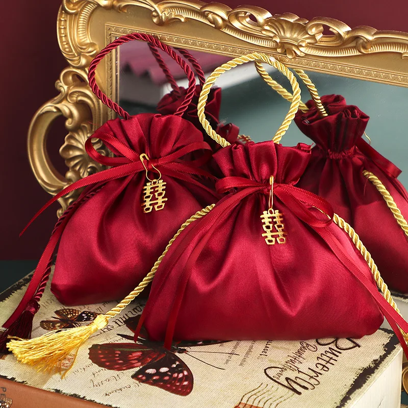 Velvet Wedding Candy Bags Luxury Drawstring Gift Pouch with Tassel 5pcs Set Chinese Double Happiness Party Favor Jewelry Packing