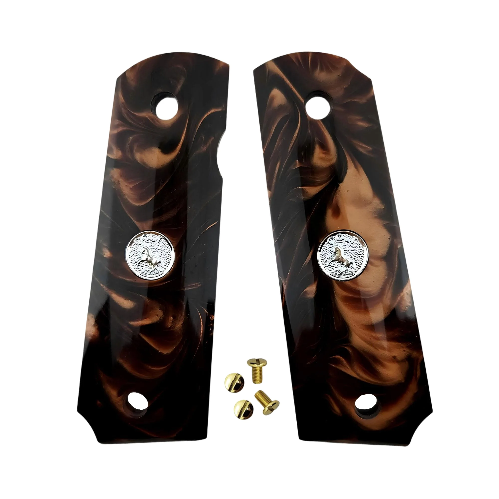 

Рукоятки 1911 Full Size, коричневые с жемчужным серебряным медальоном, подходят для Colt, Kimber, Springfield, Remington, Rock Island, Government Commander.