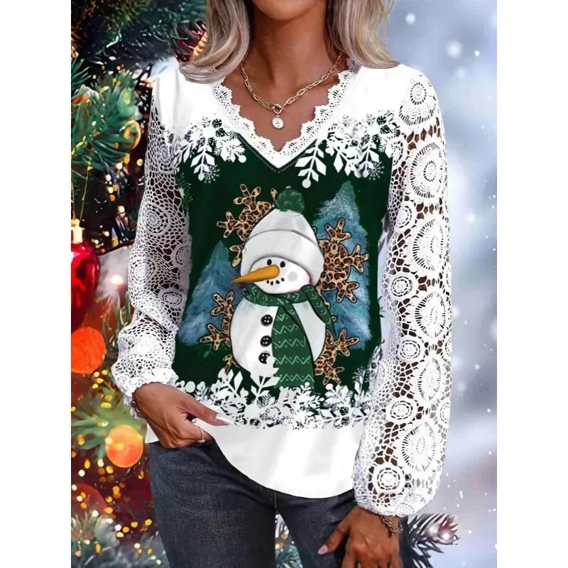 

T-shirt Lace Splicing V-neck Christmas Print T-shirt Plus Size Ladies Lace Lantern Sleeve Christmas