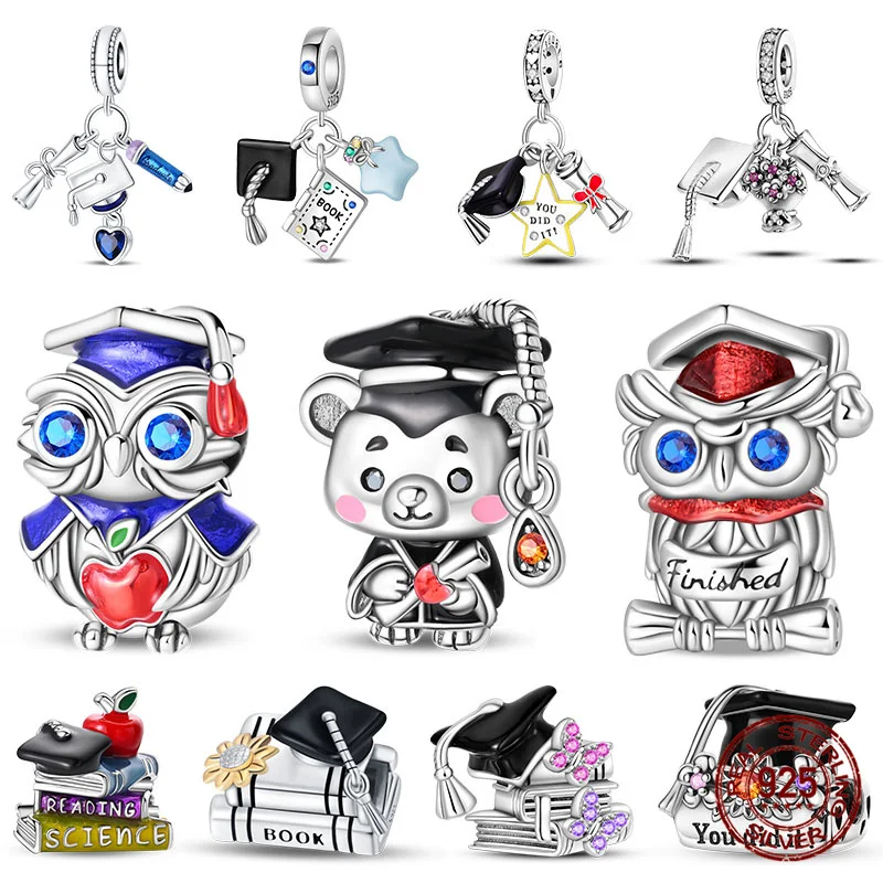 

Original 100% S925 Sterling Silver Flower Degree Certificate Doctor Hat Charms Fit For Ladies Bracelet Diy Jewelry Making Gift