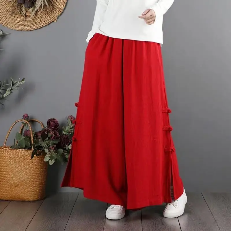 Women's Pants  Ethnic Style Fashion Loose Fitting Pure Cotton Wide Leg Pants High Waist Casual Elastic Waist Straight Leg Pants