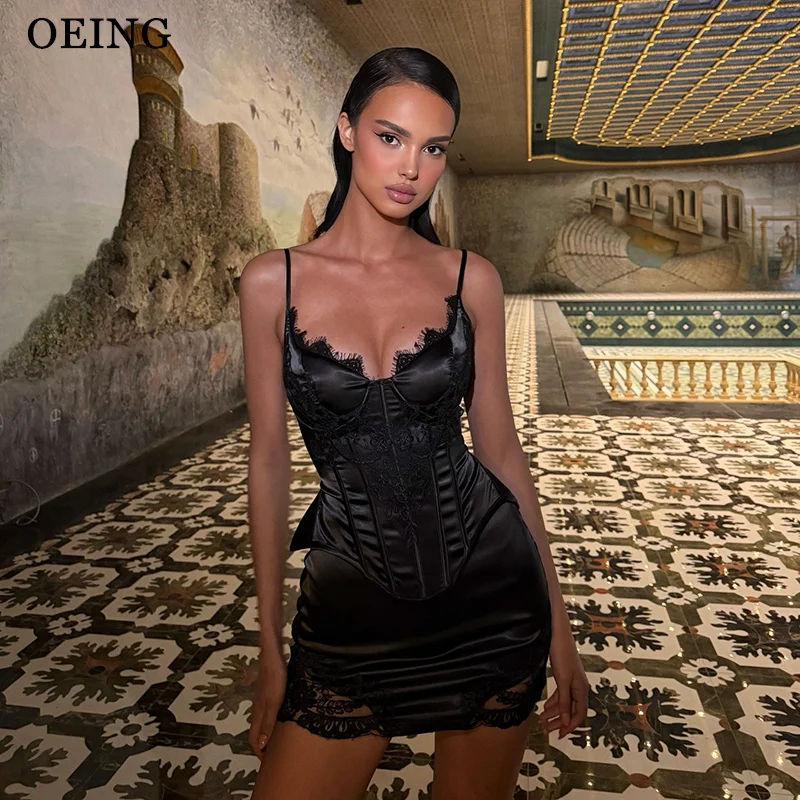 

OEING Sexy Mermaid Prom Dress Black V-Neck Sleeveless Lace Spaghetti Strap Party Gowns Two Pieces Mini Bodycon Customized