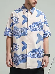 Oversized American Style Fried Street Fashion Small Fish Print New Personalized Mens Shorts Casual Shirts For Summer