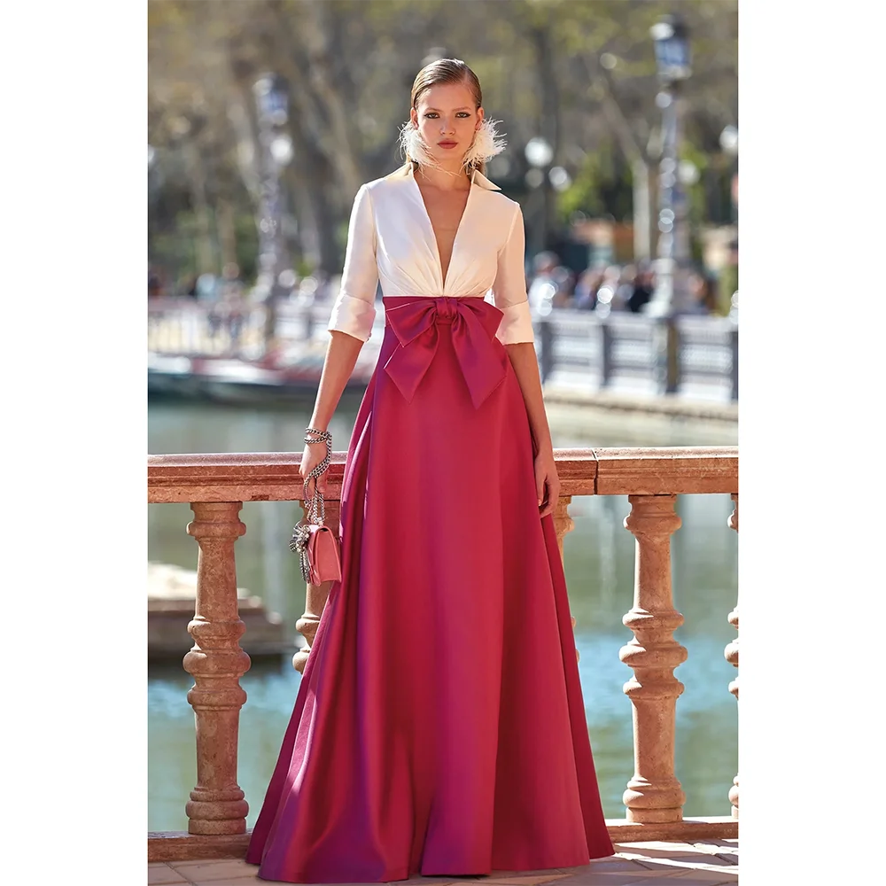 

Customized Deep V Neck Half Sleeves Evening Dresses Ivory Burgundy Wedding Party Dress for Women Floor Length A Line Prom Dress