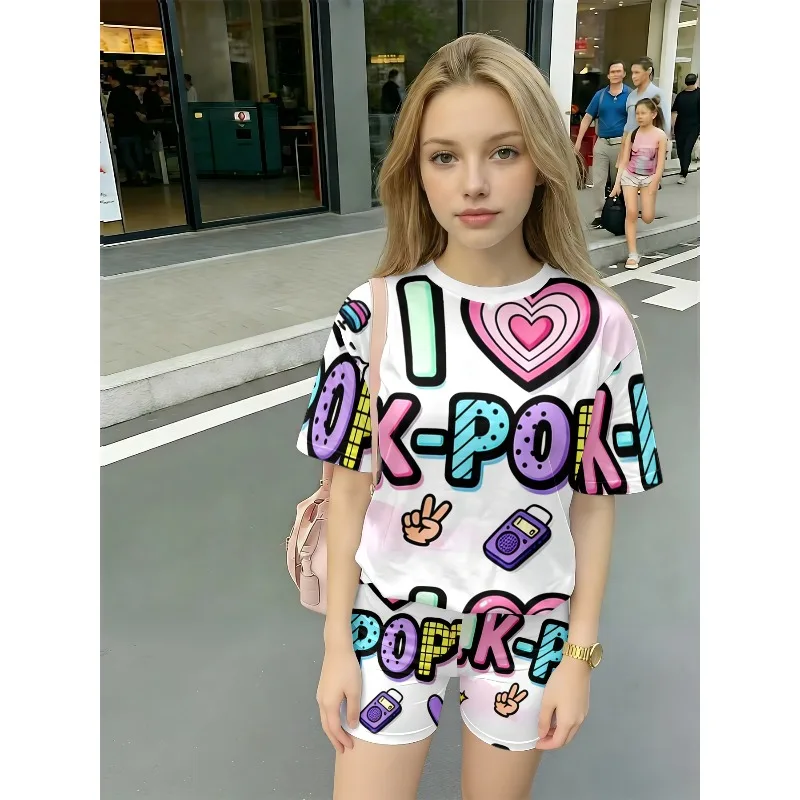 I Like K-Pop Graffiti Printed Casual 2PCS T-shirt and Shorts, Suitable for K-Pop Fans' Birthday Gifts Casual and Comfortable Set