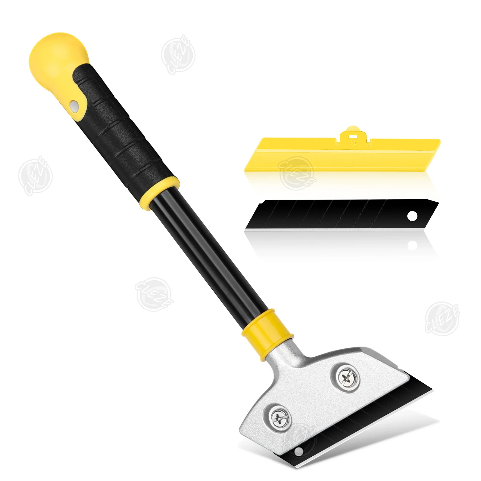 CLEZE Long Handle Razor Blade Glass Scraper for Car Window Tint Sticker Adhesive Removal with 10PCS Carbon Steel Blades
