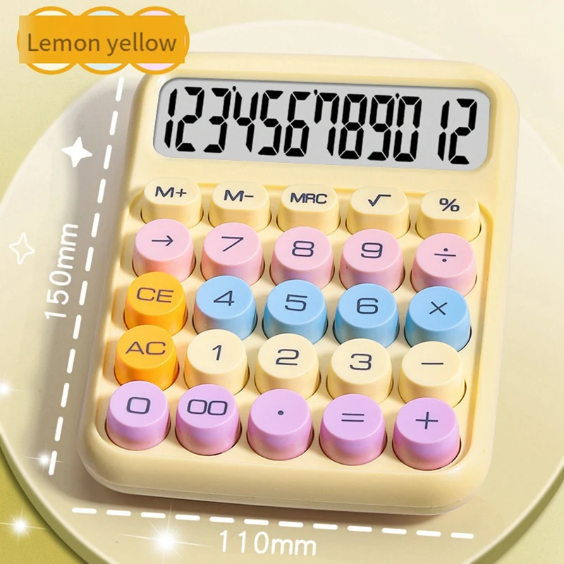 Calculatrice mécanique avec grand écran LCD, grand bouton rond, mignon, couleur bonbon, adapté au bureau et à l'école