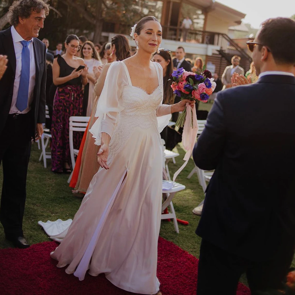 Robe de mariée en mousseline de soie, coupe basse personnalisée, manches longues transparentes, dentelle, Boho, extérieur, jardin, dos nu, fente latérale, robes de Rhfluide