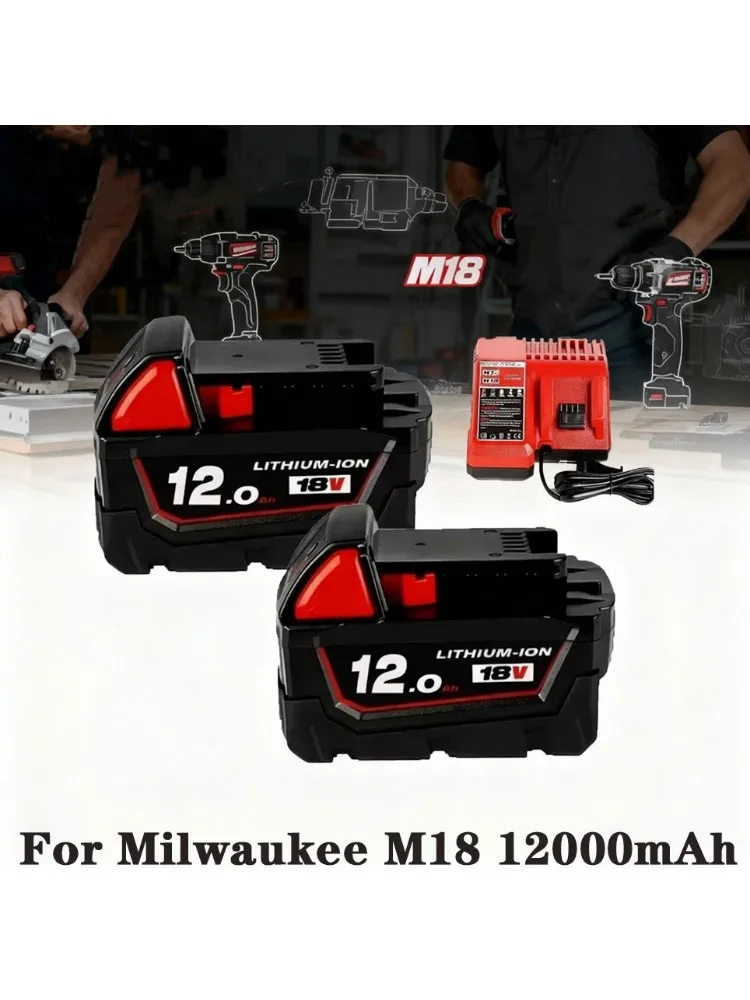 18V 12.0Ah Vervangende Li-Ion Accu voor Milwaukee M18, geschikt voor Milwaukee 18V M18 48-11-2830 0730-20 gereedschapsaccu - afbeelding 2