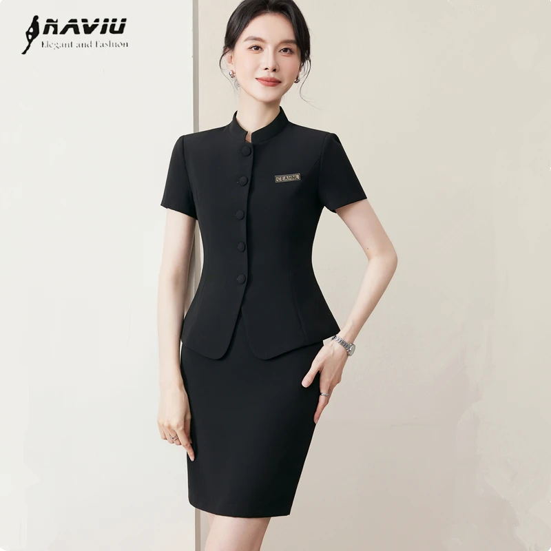 

NAVIU Elegant Blazer Set Women Office Fashion Short Sleeve Suits Solid Breasted Stand Collar 2026 New Summer Skirt Suits