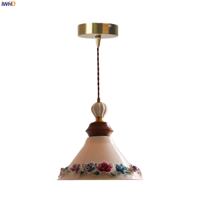 

IWHD Relief Flower Ceramic LED Pendant Lamps For Bedroom Decoration Living Room House Creative Vintage Hanging Light Hanglampen