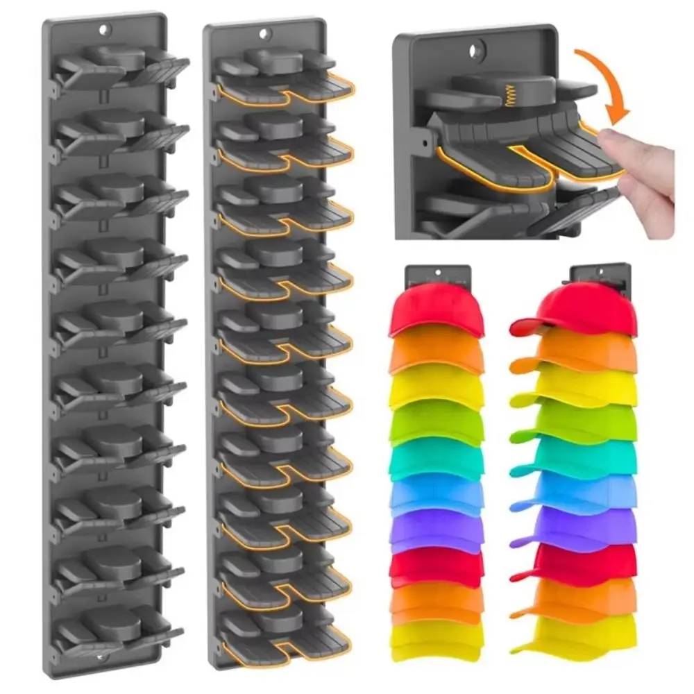 

Built-In Spring Clips Hat Display Rack Multi-layer Strong Adhesive Wall Mounted Hat Rack Practical Holds 10 Caps