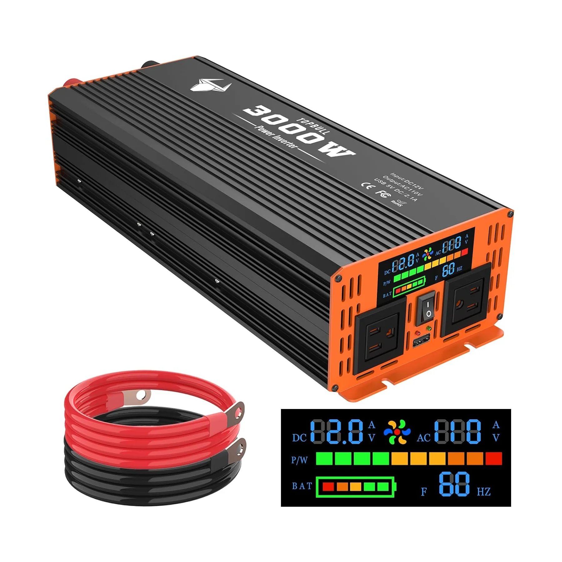 3000 Watt Power Inverter, Car/Outdoor 12V DC To 110V AC Converter, with LED Display, Dual AC Outlets, USB Port, Dual Smart Fans