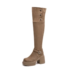 Petite Feet Punk Lady Platform Cow Suede Women Thigh High Boots Autumn Black High Chunky Heels Buckle Style Over The Knee Boots
