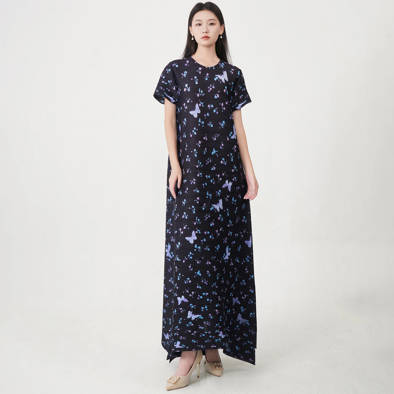 

Summer Women's Fashion Dress High Quality Loose Plus Size Pleated Print Dress Short Sleeve Irregular Dress