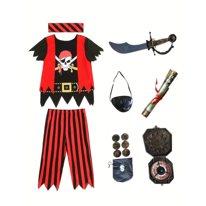 Boys 5pc Halloween Party Pirate Style Clothing Set with Accessories, Including Shirt, Pants, Eye Patch, Sword, Map, Coin Pouch,