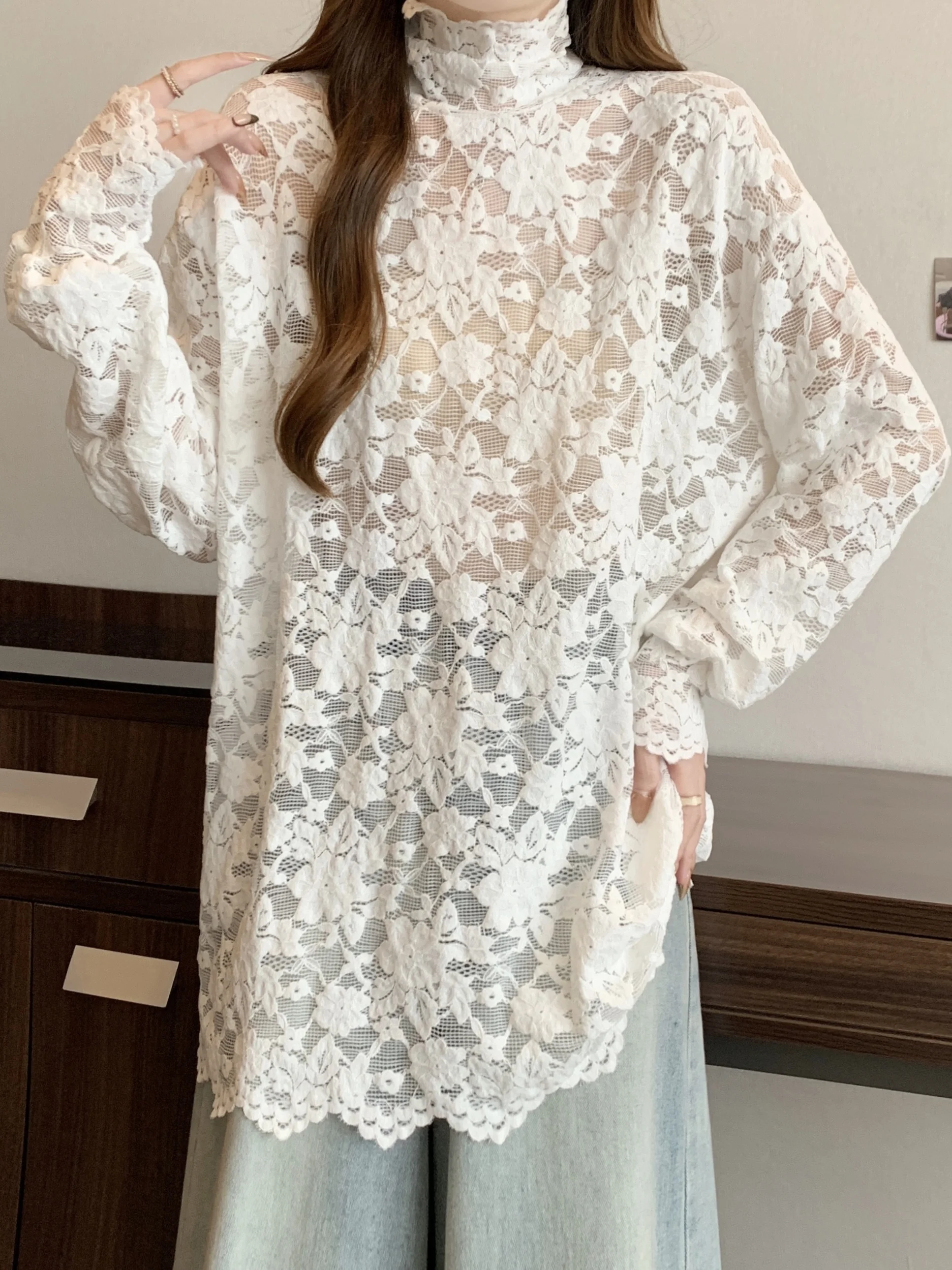 

Slimming Effect High Collar Loose Lace T-irt Large Size Women's Faionable Base Layer Top Simple Versatile Color