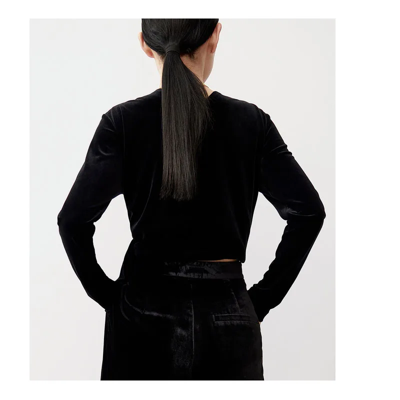 Fengbaoyu-Women's Long-Sleeved Velvet Blouse, Wind Strapped Tops, Soft Black, Extravagant Clothes, Short Style, Spring, Autumn