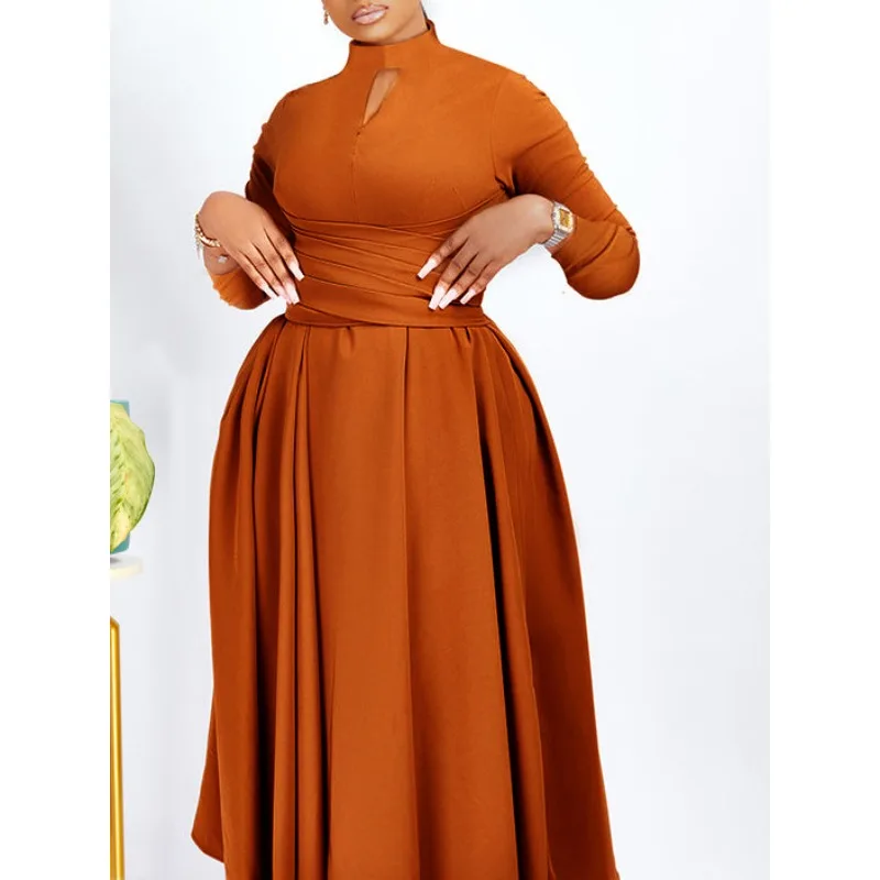 

D3252 Women Fashionable Trendy Wrinkle Clothes Dress High Waist Pure Color Polyester Fabric