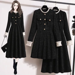 Plus Size Women's Dresses for 2025 Autumn Winter Flower Design Patchwork Lady Vestidos Black Dress Loose Female Robe KE765