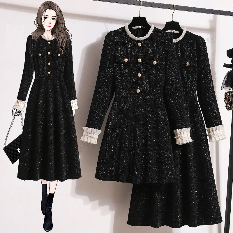 Plus Size Sukienki Damskie na 2025 Jesień Zima Kwiatowy Wzór Patchwork Lady Vestidos Czarna Sukienka Luźna Kobieca Szata KE765