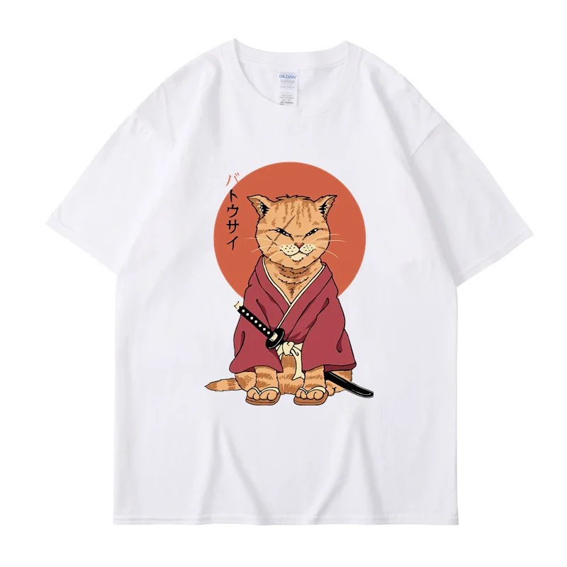 2025 Summer New Fashionable Japanese Cute Ninja Cat Printed T-shirt for Men and Women Pure Cotton Cool Summer Short Sleeve Roun