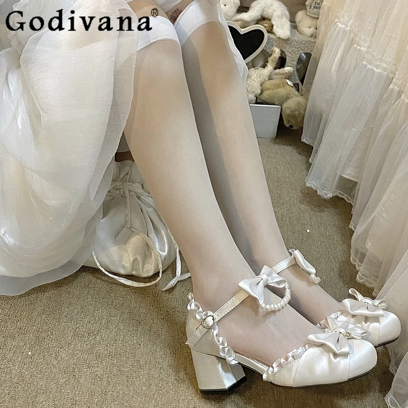 

Women's Lolita Sweet Cute Shoes Original New Style Mid Heel Elegant Sandals Female Summer Lolita Pink Blue Leather Shoes