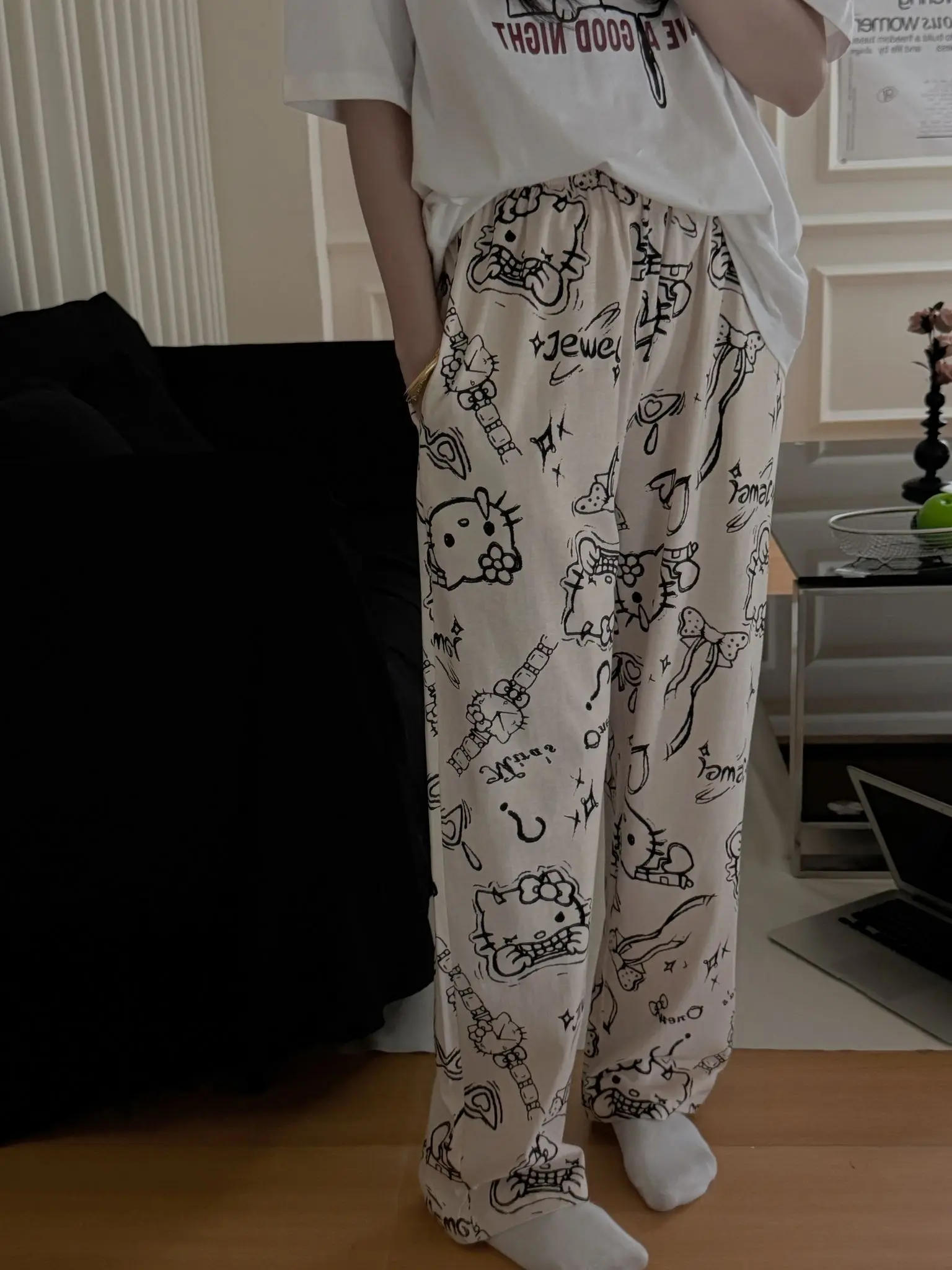 

Женские хлопковые брюки для сна Hello Kitty, весенне-осенняя легкая одежда для отдыха с принтом, удобная посадка для улицы