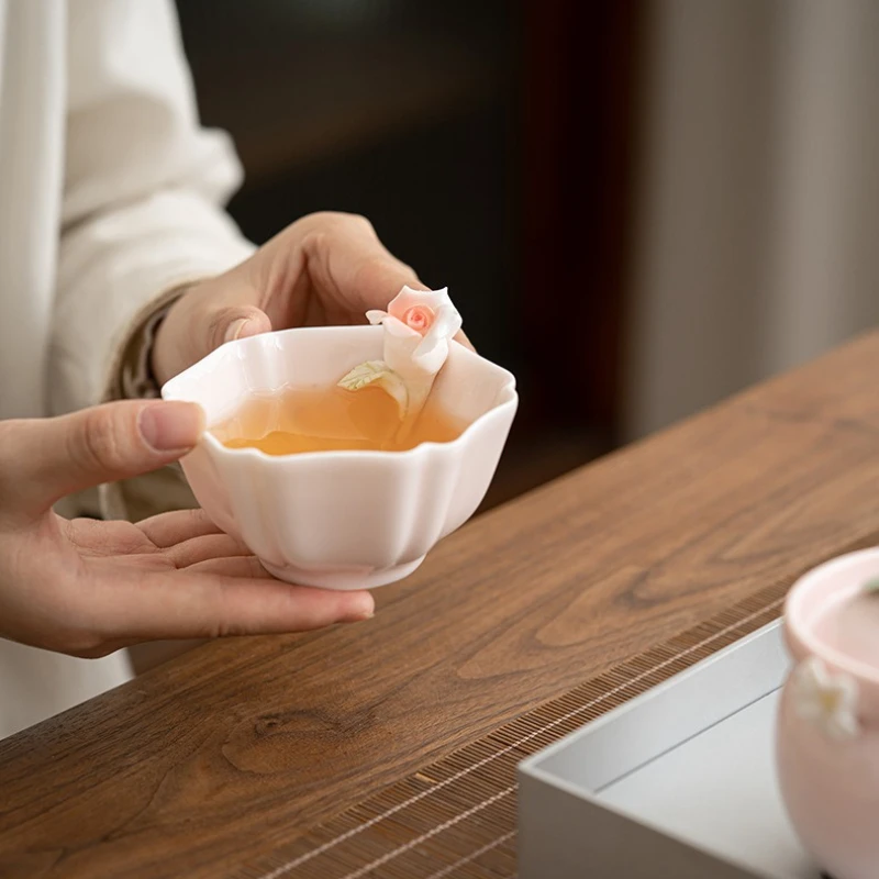Pinch flower petal cup girls pink tea cup Chinese single tea cup personal exclusive master cup tea cup