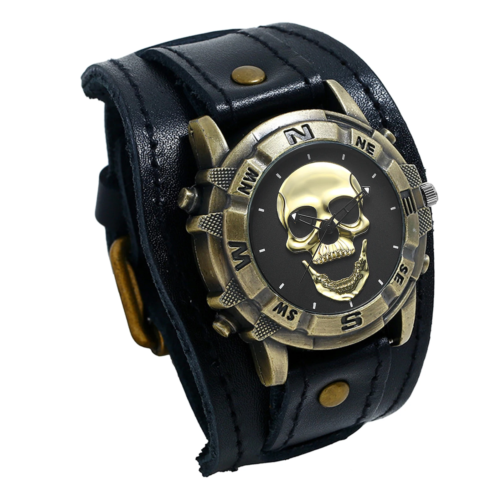 LANCARDO Men's Analog Quartz Watch Halloween Punk Motorcycle Leather Watch Retro Sports Casual Wide Leather Watch Skeleton Decor