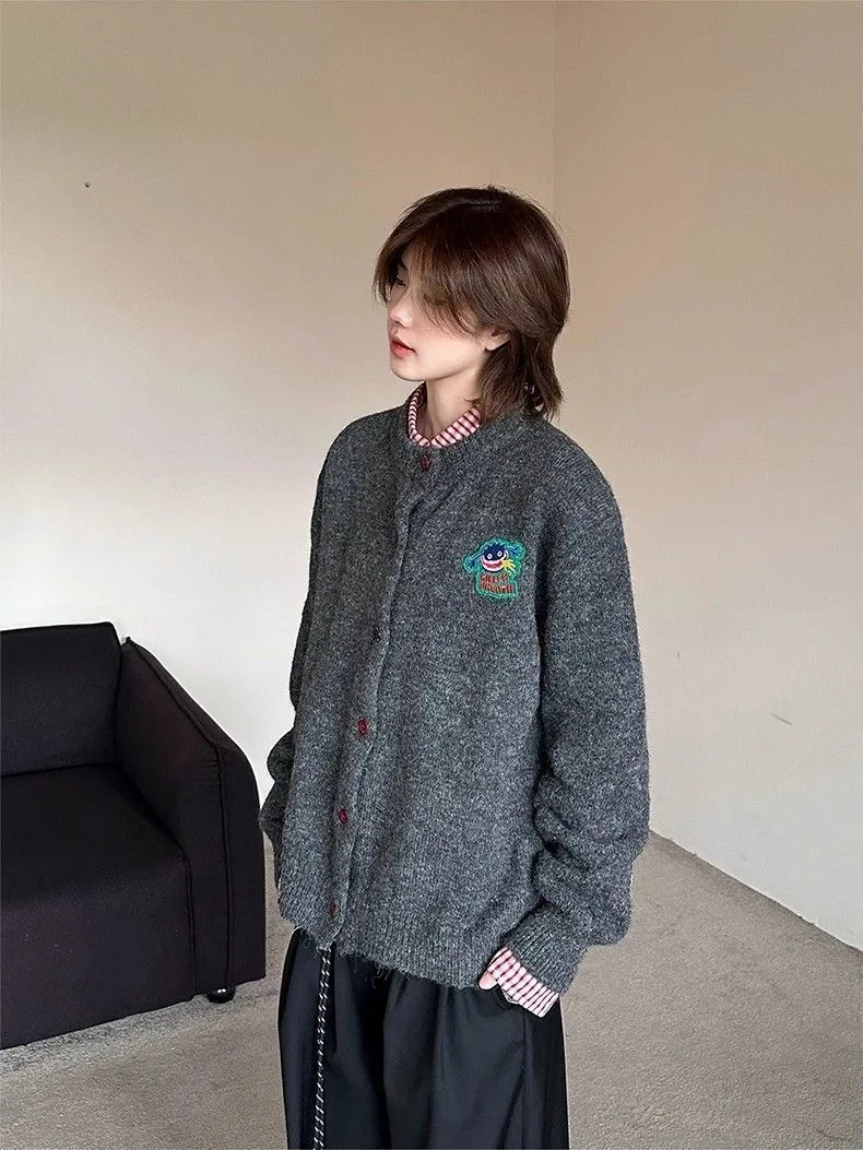 

Свободный повседневный вязаный кардиган с круглым вырезом для мужчин, осенняя новинка в стиле ретро, японский стиль, открытый кардиган для пар