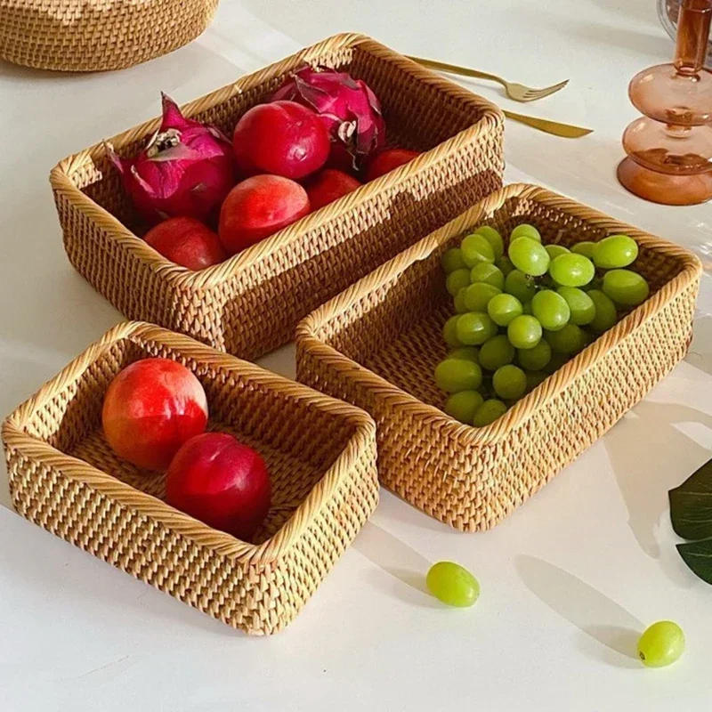 

Rectangular Woven Fruit Basket Household Handmade Rattan Storage Basket Natural Wear-resistant for Kitchen Supplies