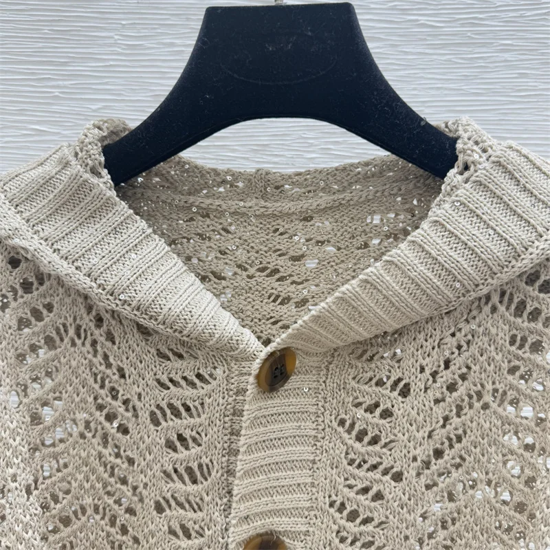 Vest voor dames Nieuwe elastische gebreide holle top met lange mouwen voor de herfst 2025, damestrui met pailletten, y2k dunne jas