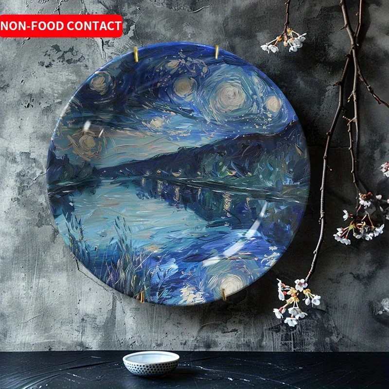 1pc Van Gogh Starry Night River Art Ceramic Decorative Plate - Handmade Non-Food Contact Colorful Round Wall Decor for Living