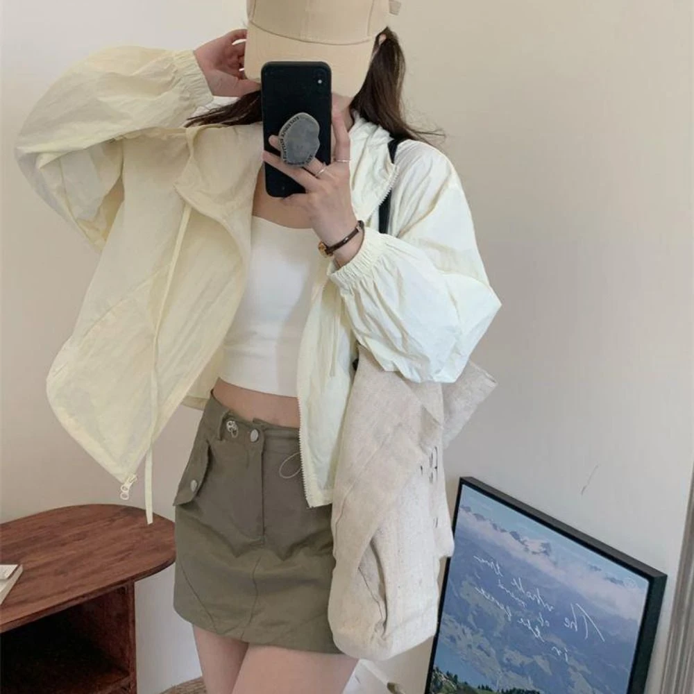 Drawstring Sun Protection Clothing Anti-UV Long-sleeved Hooded Sunscreen Top Korean Style Long Sleeve Quick Dry Jackets Women