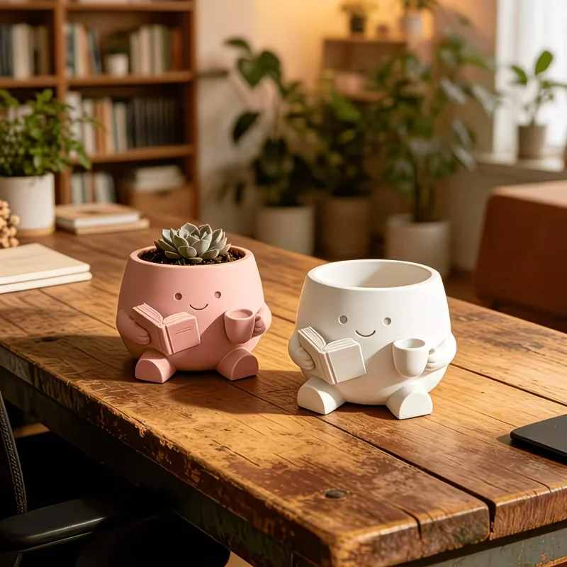 Reading Character 3D Printed Succulent Planter Cute Pot Flower Cup Creative Desktop Plant Container Whimsical Tabletop Ornament