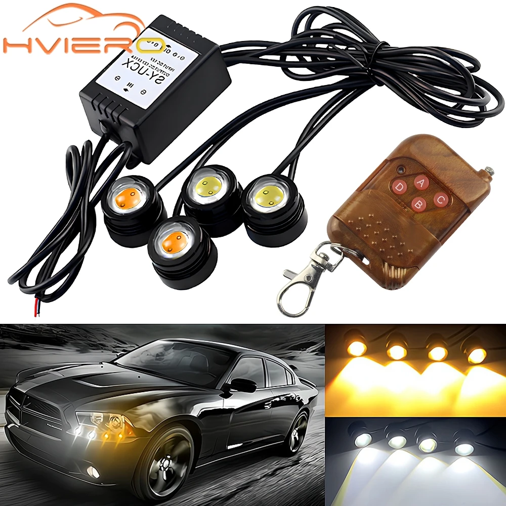 Luz LED de red 4 en 1 para coche, Control remoto inalámbrico, DRL Eagle Eye, One Tow, cuatro, 16 modos, camión y motocicleta